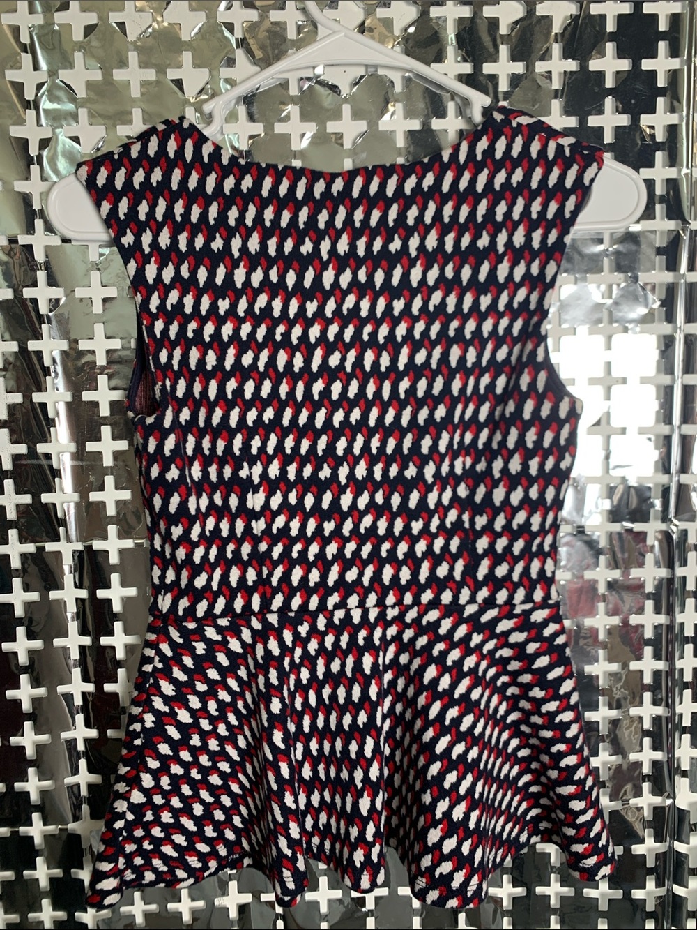 Eri + Ali Sleeveless Peplum Tank Top in Navy with Red & White Dot Pattern - Picture 4 of 4